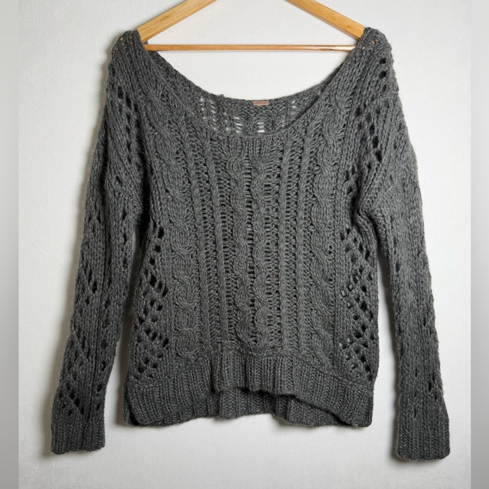 Free People Women’s Chunky Open Cable Knit Mohair Wool Blend Sweater Gray Sz M